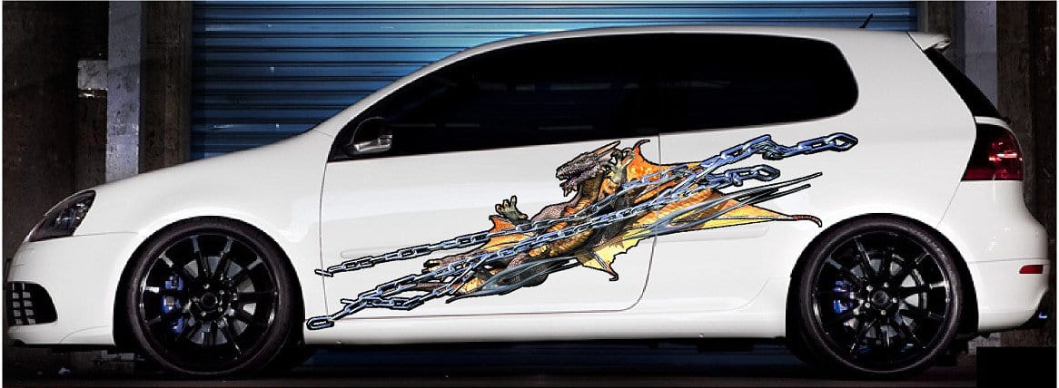 chained dragon decals on white hatchback